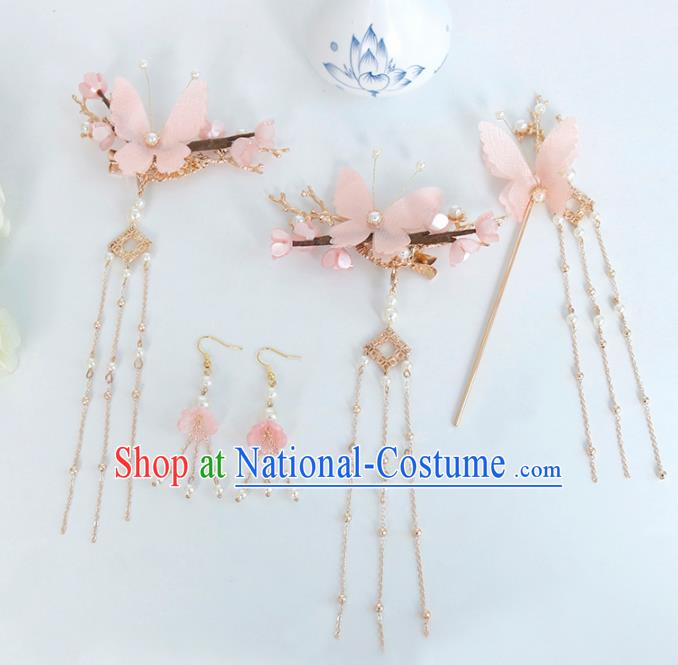 Traditional Chinese Hanfu Pink Silk Butterfly Hair Claw Handmade Ancient Princess Hair Accessories Complete Set for Women