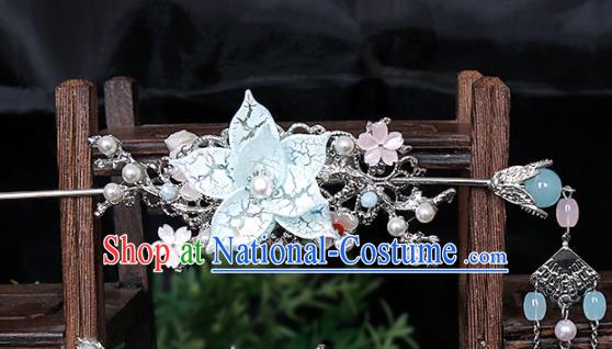 Traditional Chinese Hanfu Blue Peach Blossom Hair Crown Hairpin Handmade Ancient Princess Hair Accessories for Women