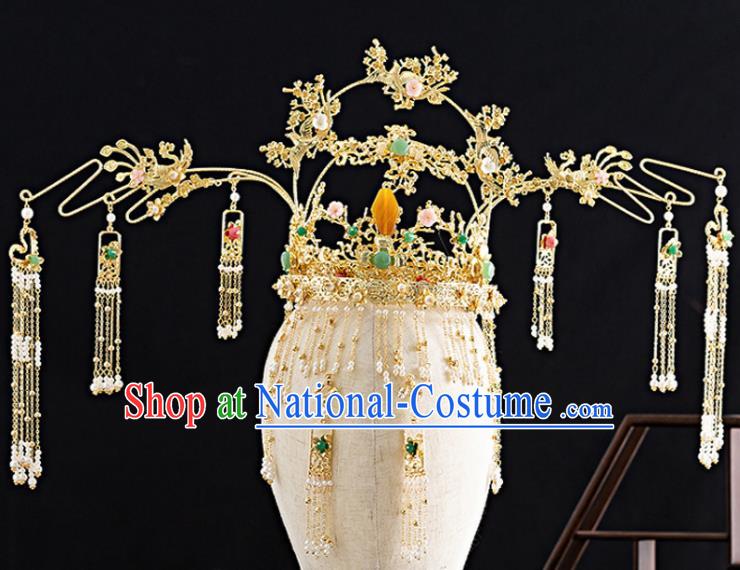 Traditional Chinese Hanfu Golden Plum Tassel Phoenix Coronet Handmade Ancient Princess Hair Accessories for Women