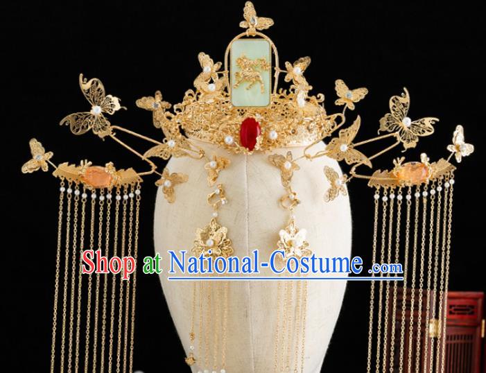 Traditional Chinese Hanfu Golden Butterfly Jade Tassel Phoenix Coronet Handmade Ancient Princess Hair Accessories for Women