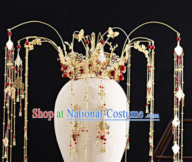 Traditional Chinese Hanfu Tassel Golden Phoenix Coronet Handmade Ancient Princess Hair Accessories for Women