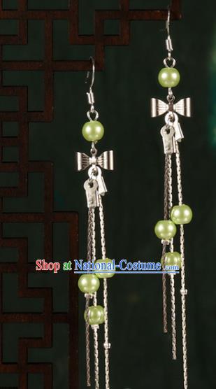 Chinese Traditional Hanfu Green Beads Bowknot Earrings Ancient Fairy Ear Accessories for Women