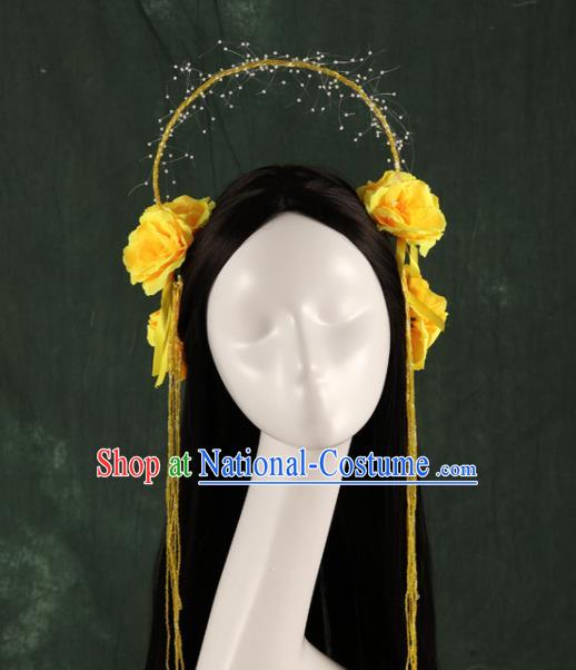 Traditional Chinese Song Dynasty Princess Wigs and Yellow Peony Hairpins Ancient Seven Fairies Hair Accessories for Women