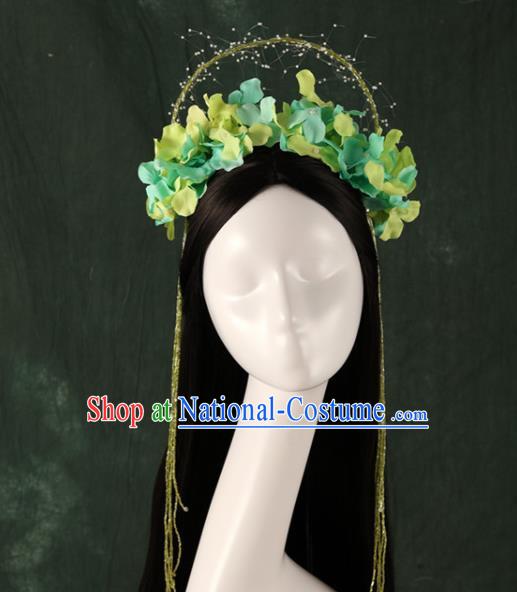 Traditional Chinese Song Dynasty Princess Wigs and Green Flowers Hairpins Ancient Seven Fairies Hair Accessories for Women