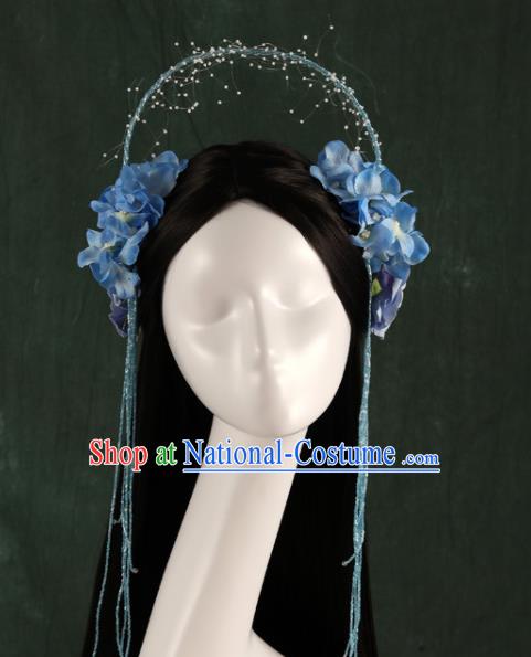 Traditional Chinese Song Dynasty Princess Wigs and Blue Flowers Hairpins Ancient Seven Fairies Hair Accessories for Women