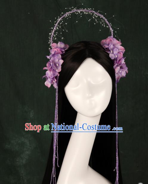 Traditional Chinese Song Dynasty Princess Wigs and Purple Flowers Hairpins Ancient Seven Fairies Hair Accessories for Women