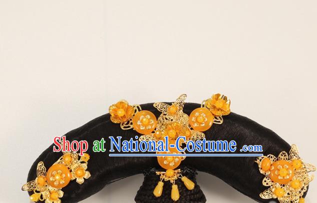 Traditional Chinese Qing Dynasty Princess Wigs and Orange Hairpins Ancient Court Lady Hair Accessories for Women