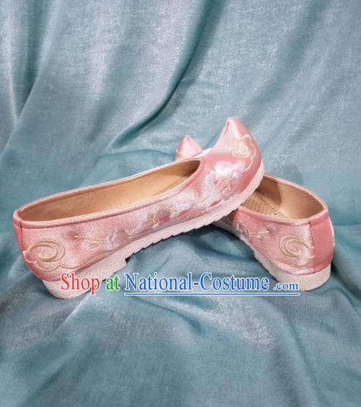 Traditional Chinese Hanfu Pink Satin Shoes Handmade Ancient Princess Embroidered Shoes for Women