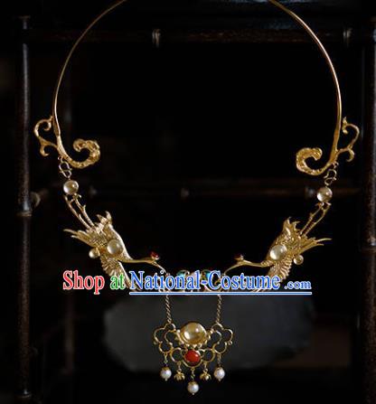 Traditional Chinese Hanfu Golden Crane Necklace Handmade Ancient Princess Necklet Accessories for Women