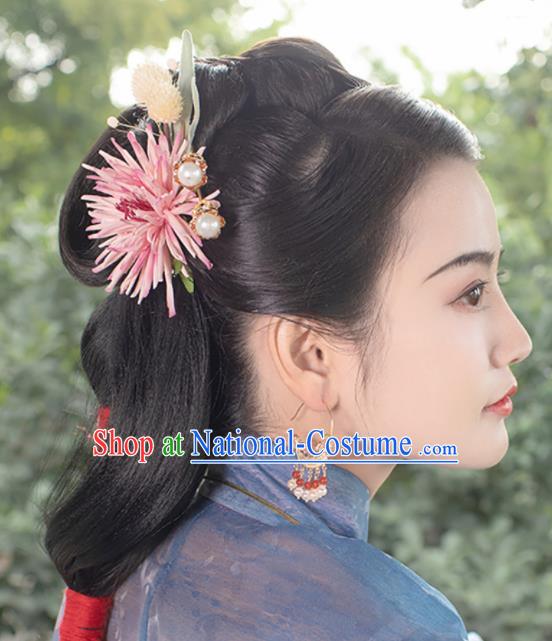 Chinese Traditional Ming Dynasty Queen Pink Chrysanthemum Hairpin Hairpins Ancient Empress Hair Accessories for Women