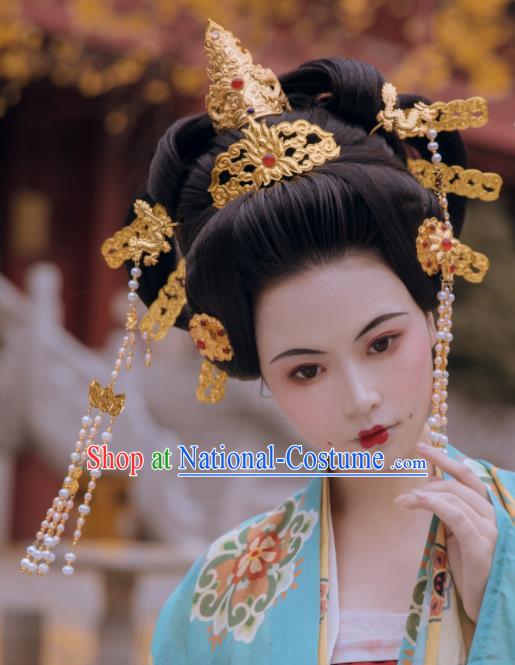 Traditional Chinese Tang Dynasty Empress Hair Crown and Hairpins Ancient Court Queen Hair Accessories for Women