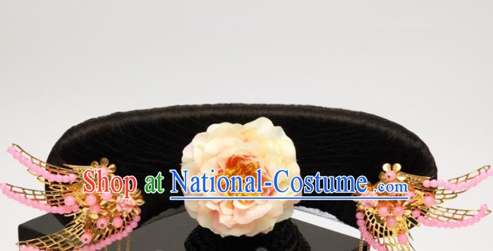 Traditional Chinese Qing Dynasty Imperial Consort Wigs and Pink Phoenix Hairpins Ancient Court Lady Hair Accessories for Women