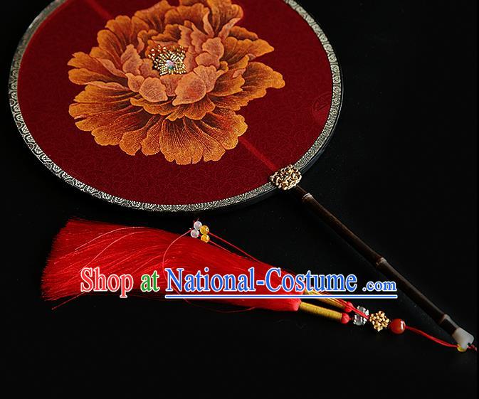 Traditional Chinese Hanfu Wedding Red Fans Handmade Ancient Princess Embroidered Peony Palace Fan for Women