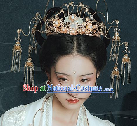 Traditional Chinese Ming Dynasty Jade Phoenix Coronet Tassel Hairpins Ancient Court Queen Hair Accessories for Women