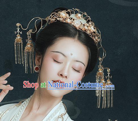 Traditional Chinese Ming Dynasty Jade Phoenix Coronet Tassel Hairpins Ancient Court Queen Hair Accessories for Women