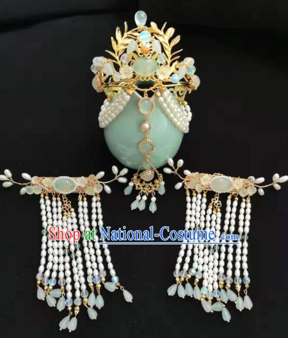 Traditional Chinese Ming Dynasty Pearls Hair Comb Tassel Hairpins Ancient Court Queen Hair Accessories for Women