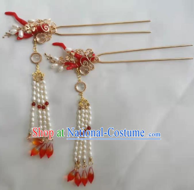 Traditional Chinese Ming Dynasty Princess Pearls Tassel Hairpins Ancient Court Queen Hair Accessories for Women