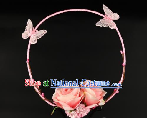 Traditional Chinese Hanfu Pink Butterfly Palace Fan Handmade Ancient Princess Wedding Fans for Women