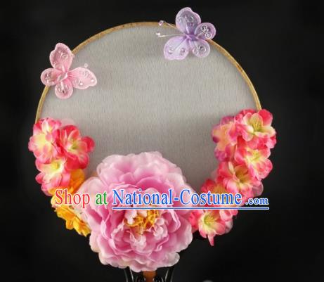 Traditional Chinese Hanfu Pink Peony Palace Fan Handmade Ancient Princess Wedding Fans for Women