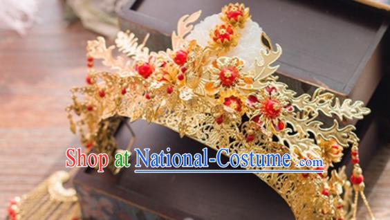 Traditional Chinese Wedding Jade Phoenix Coronet Hairpins Ancient Court Queen Hair Accessories for Women