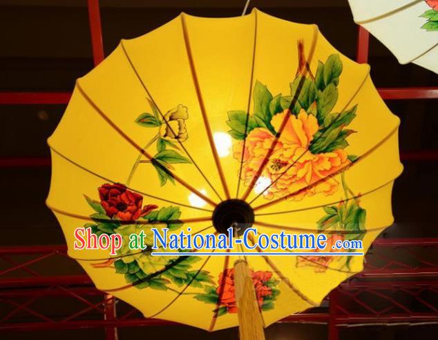 Chinese Traditional Printing Peony Yellow Hanging Lantern Handmade New Year Lamp Cloth Palace Lanterns