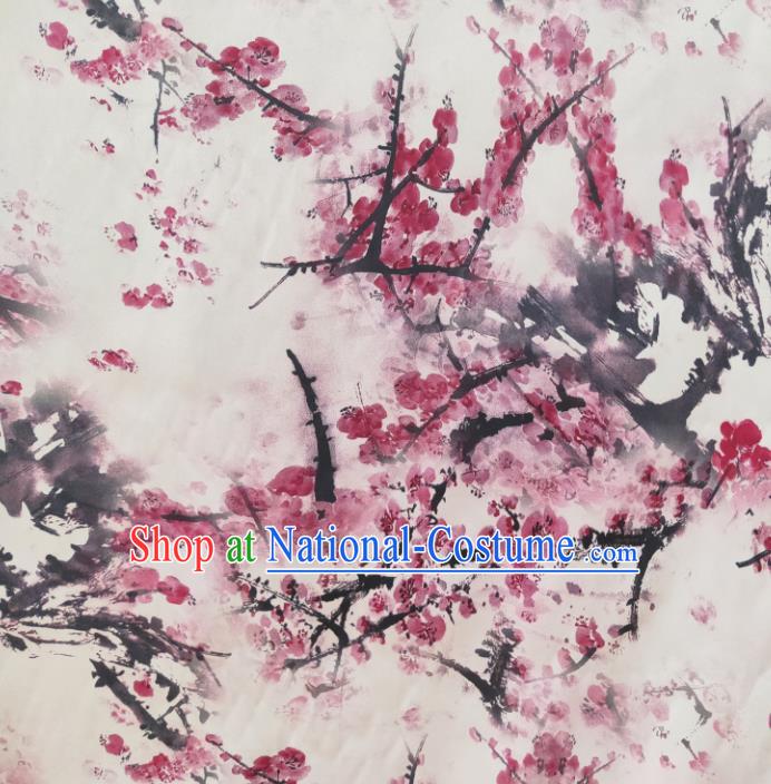 Chinese Traditional Ink Plum Blossom Pattern White Silk Fabric Mulberry Silk Fabric Hanfu Dress Material