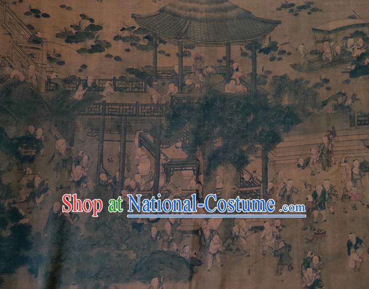 Chinese Traditional Boys Pattern Brown Silk Fabric Mulberry Silk Fabric Hanfu Dress Material