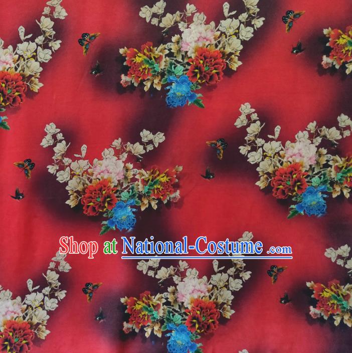 Chinese Traditional Magnolia Peony Pattern Red Silk Fabric Mulberry Silk Fabric Hanfu Dress Material