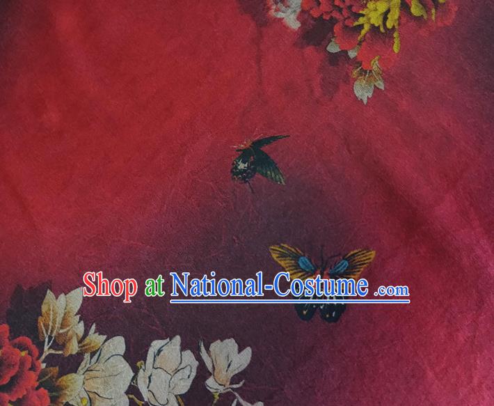 Chinese Traditional Magnolia Peony Pattern Red Silk Fabric Mulberry Silk Fabric Hanfu Dress Material