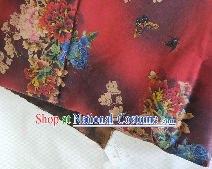 Chinese Traditional Magnolia Peony Pattern Red Silk Fabric Mulberry Silk Fabric Hanfu Dress Material