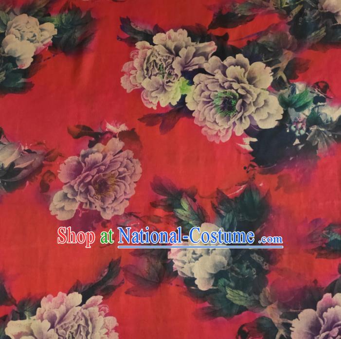 Chinese Traditional Peony Pattern Red Silk Fabric Mulberry Silk Fabric Hanfu Dress Material