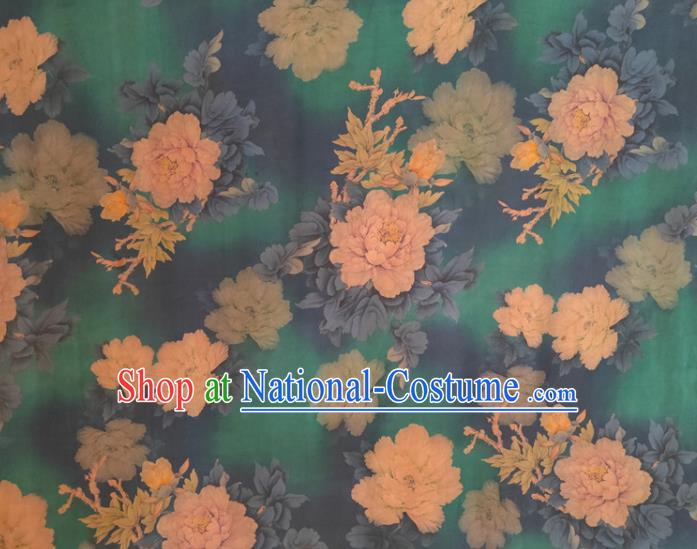 Chinese Traditional Peony Pattern Green Silk Fabric Mulberry Silk Fabric Hanfu Dress Material