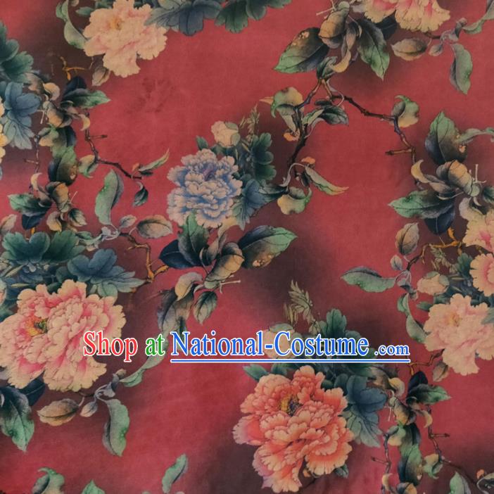 Chinese Traditional Peony Flowers Pattern Red Silk Fabric Mulberry Silk Fabric Hanfu Dress Material