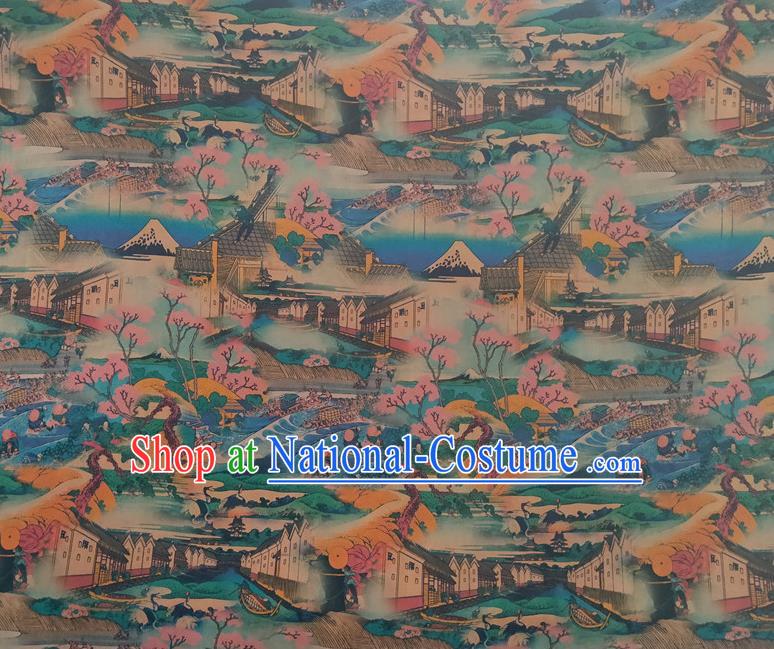 Chinese Traditional View Pattern Blue Silk Fabric Mulberry Silk Fabric Hanfu Dress Material