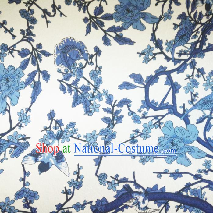 Chinese Traditional Blue Flowers Pattern Silk Fabric Mulberry Silk Fabric Hanfu Dress Material