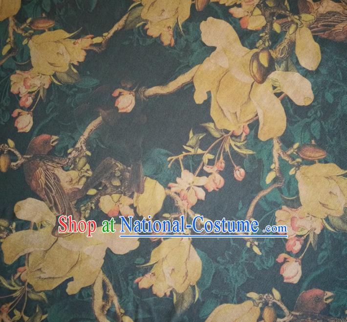 Chinese Traditional Magnolia Pattern Atrovirens Silk Fabric Mulberry Silk Fabric Hanfu Dress Material