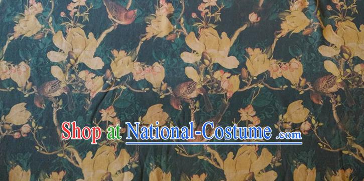 Chinese Traditional Magnolia Pattern Atrovirens Silk Fabric Mulberry Silk Fabric Hanfu Dress Material