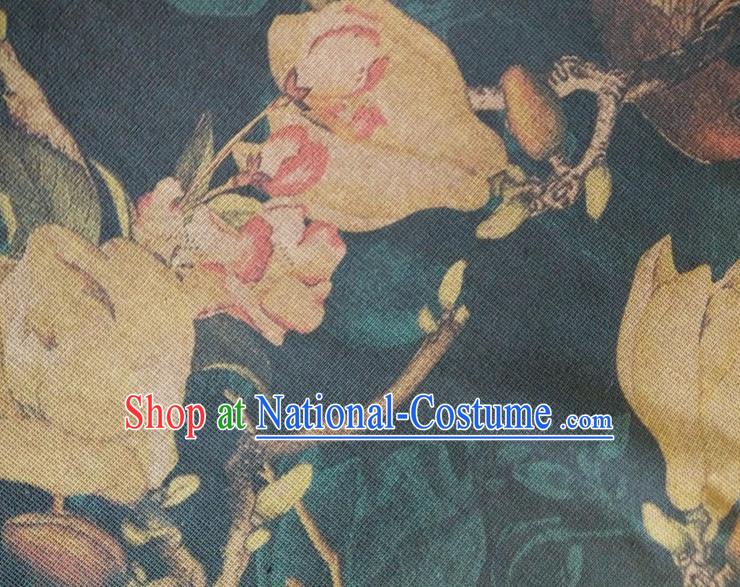 Chinese Traditional Magnolia Pattern Atrovirens Silk Fabric Mulberry Silk Fabric Hanfu Dress Material