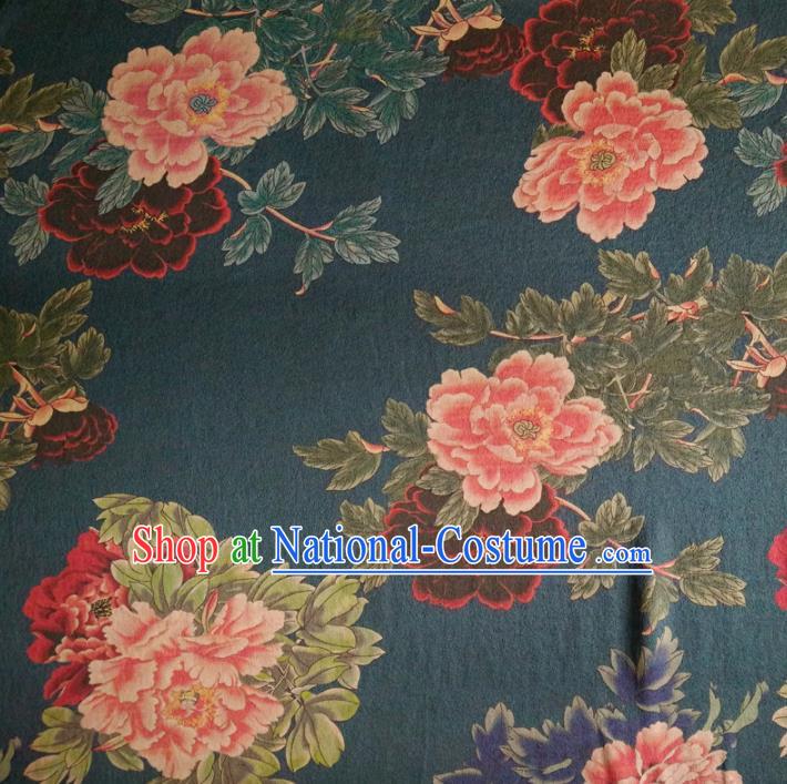 Chinese Traditional Peony Pattern Deep Blue Silk Fabric Mulberry Silk Fabric Hanfu Dress Material