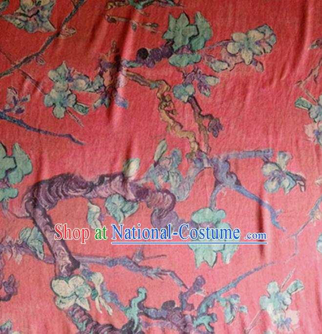 Chinese Traditional Plum Blossom Pattern Red Silk Fabric Mulberry Silk Fabric Hanfu Dress Material