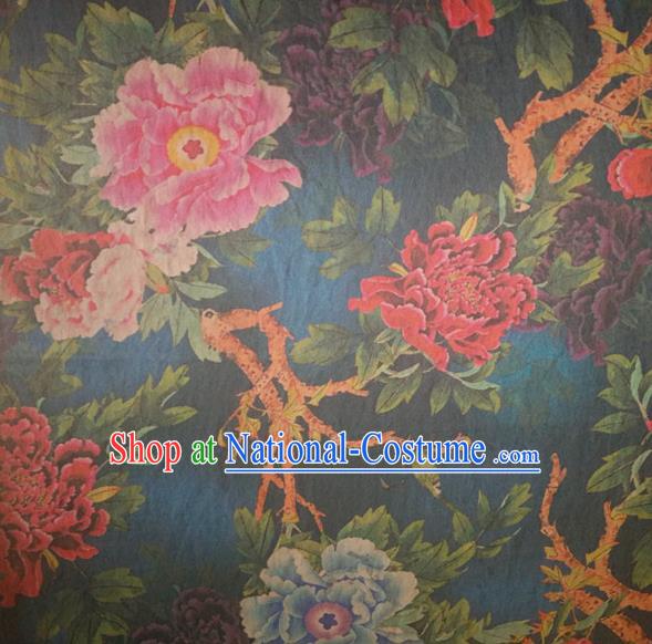 Chinese Traditional Peony Flowers Pattern Deep Blue Silk Fabric Mulberry Silk Fabric Hanfu Dress Material