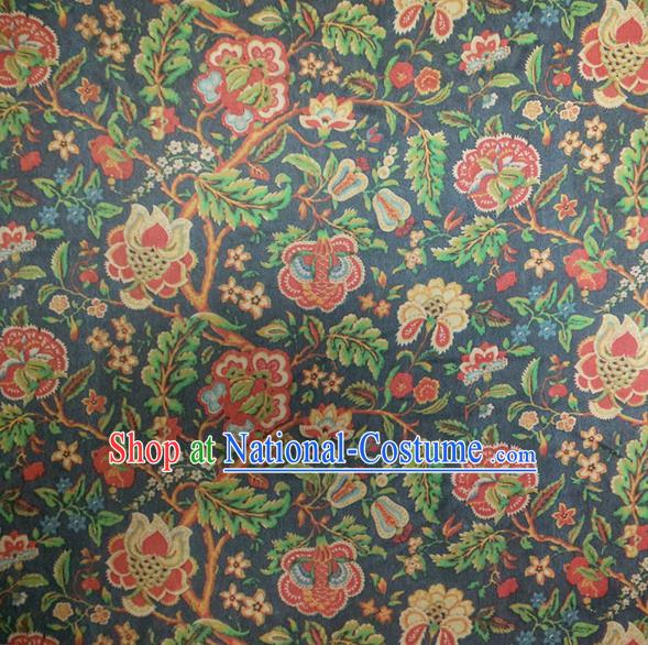 Chinese Traditional Twine Flowers Pattern Navy Silk Fabric Mulberry Silk Fabric Hanfu Dress Material