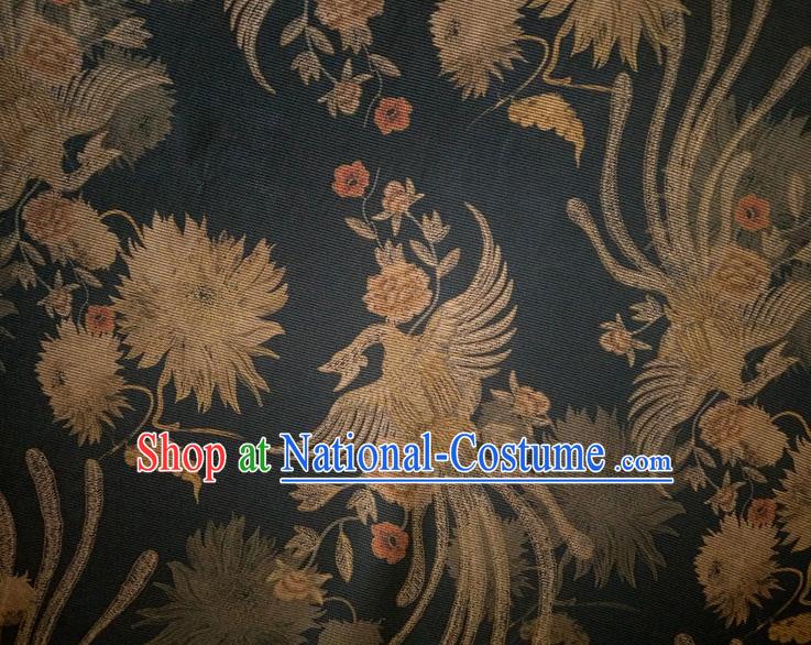 Chinese Traditional Phoenix Epiphyllum Pattern Black Silk Fabric Mulberry Silk Fabric Hanfu Dress Material