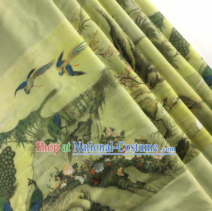 Chinese Traditional Classical Peach Blossom Pattern Green Flax Fabric Silk Fabric Hanfu Dress Material