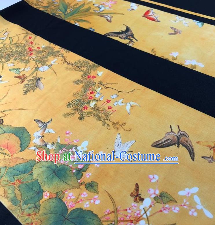 Chinese Traditional Classical Butterfly Flowers Pattern Yellow Flax Fabric Silk Fabric Hanfu Dress Material