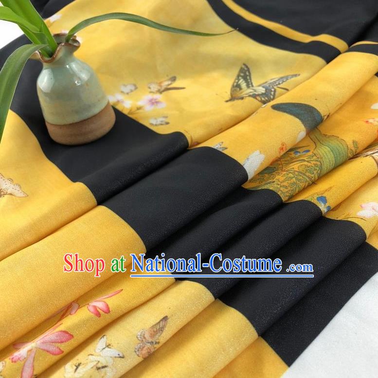 Chinese Traditional Classical Butterfly Flowers Pattern Yellow Flax Fabric Silk Fabric Hanfu Dress Material