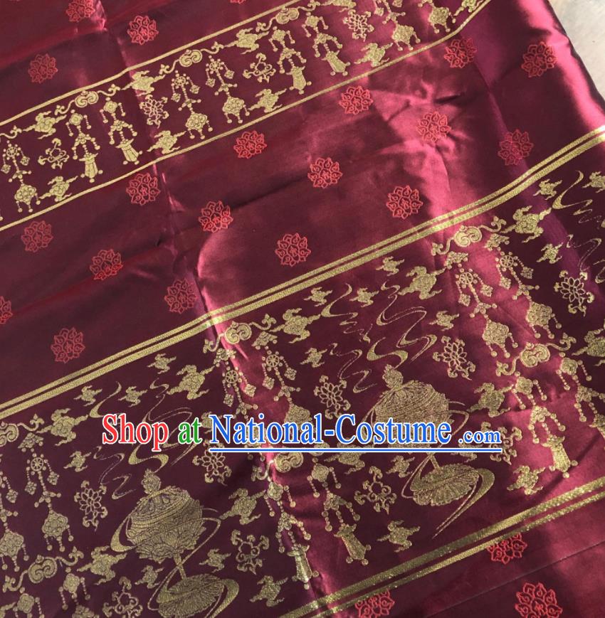 Chinese Traditional Censer Pattern Purplish Red Brocade Hanfu Fabric Silk Fabric Hanfu Dress Material