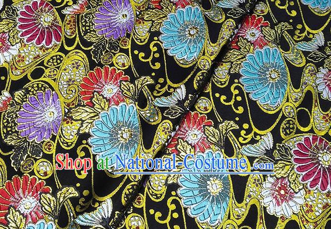 Japanese Traditional Sunflowers Pattern Kimono Black Brocade Fabric Tapestry Satin Fabric Nishijin Material