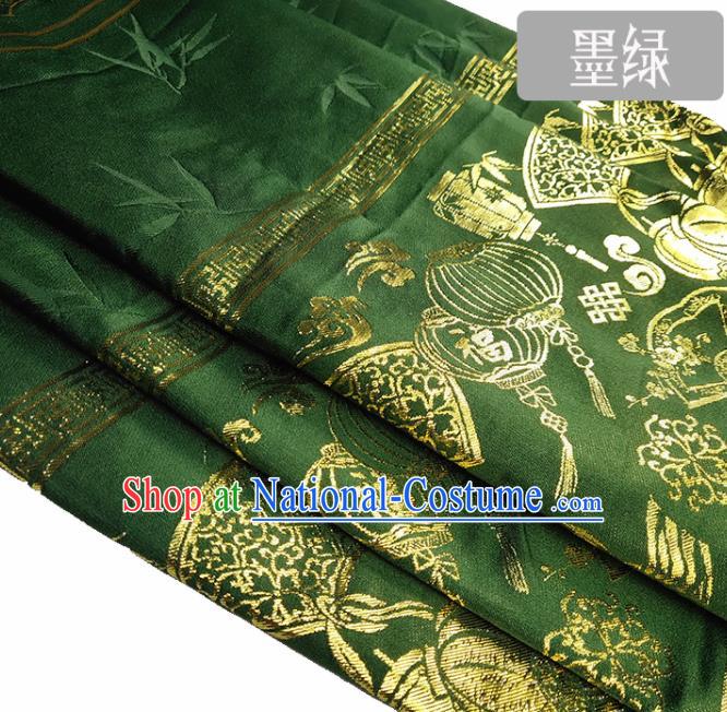 Chinese Traditional Palace Lantern Pattern Deep Green Brocade Fabric Silk Satin Fabric Hanfu Material