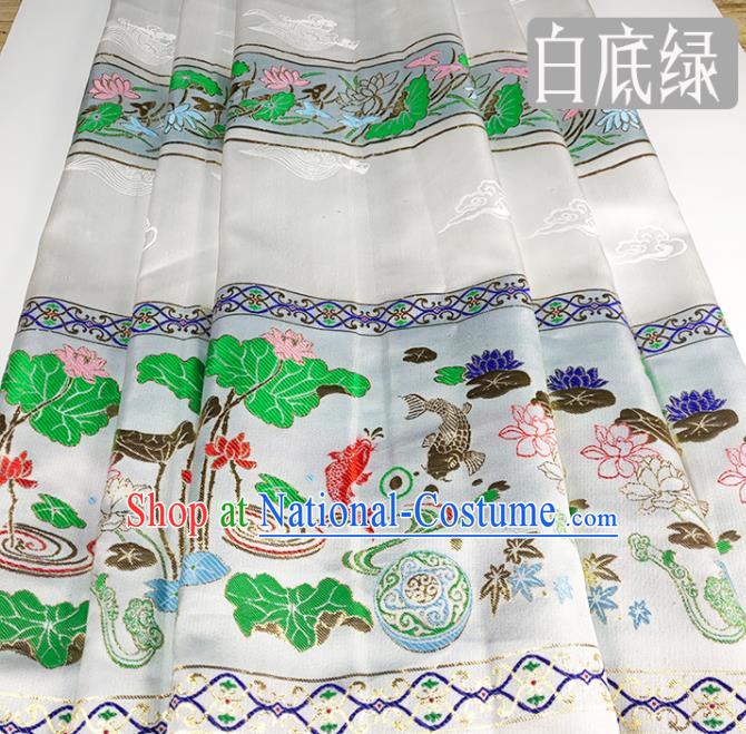 Chinese Traditional Lotus Fishes Pattern White Brocade Fabric Silk Satin Fabric Hanfu Material